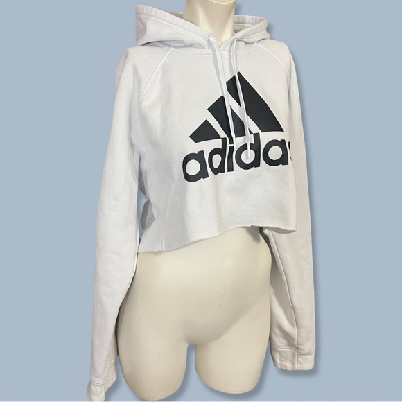 Adidas white cropped hoodie with black graphic logo M - Picture 2 of 5